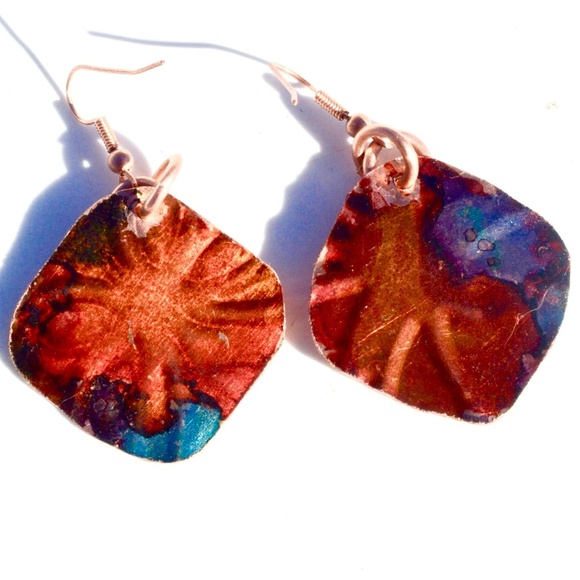 Modernist Red Blue Solid Copper Diamond Earrings Embossed Abstract Geometric - Picture 1 of 6